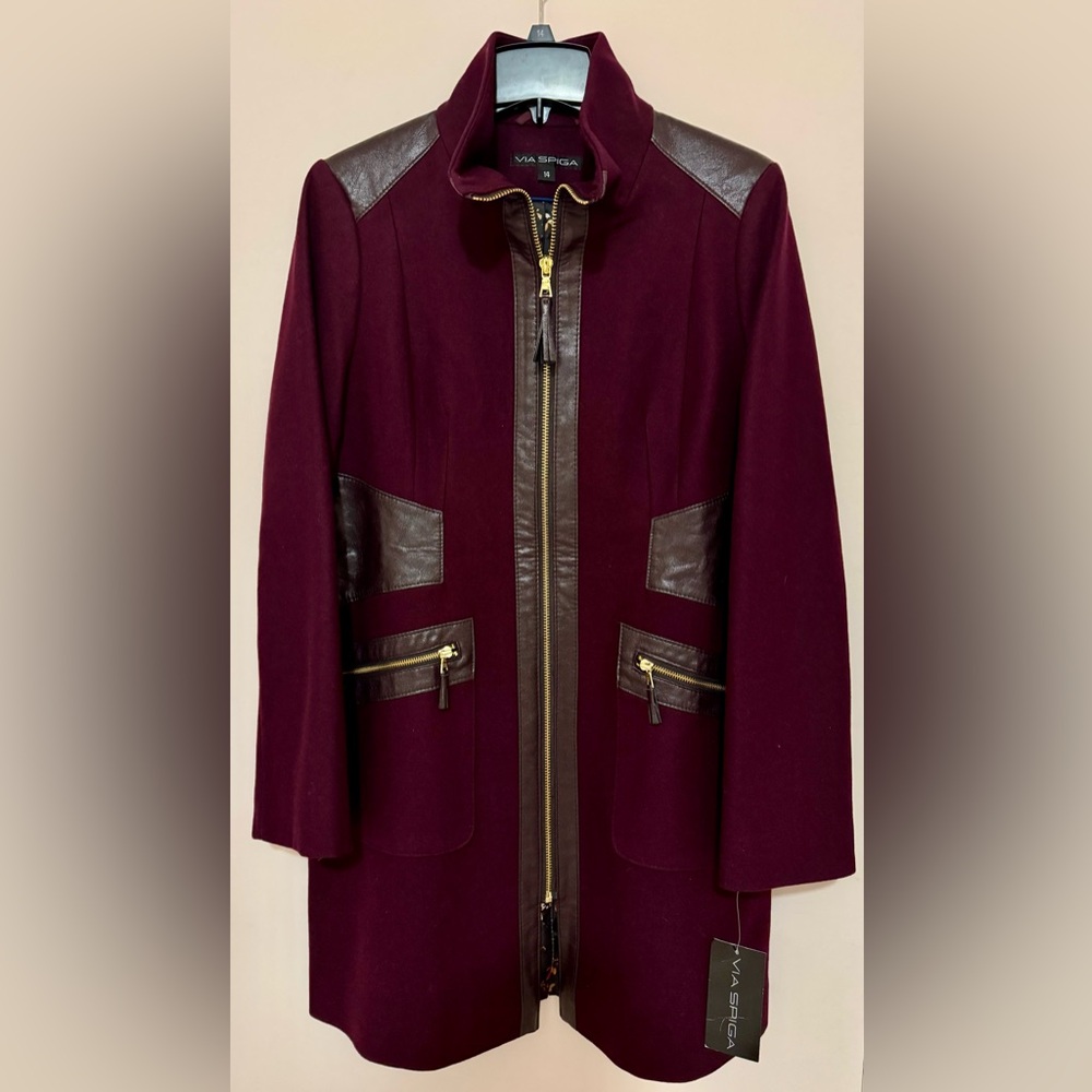 NWT VIA SPIGA Brandy Mixed Media Wool Faux Leather Full Zip Coat Size 14